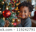 A family decorating their home for the holidays. 119242791