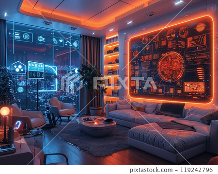 A VR mockup of a futuristic smart home. A VR mockup of a futuristic smart home. 119242796