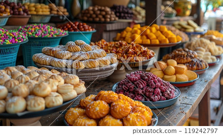 A vibrant display of Mexican pastries and sweets. A vibrant display of Mexican pastries and sweets. 119242797