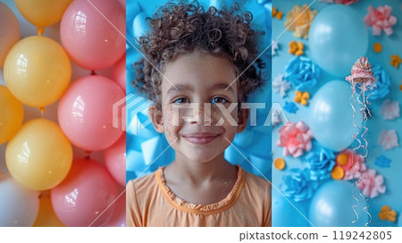 A birthday collage featuring images of kids balloons A birthday collage featuring images of kids balloons 119242805