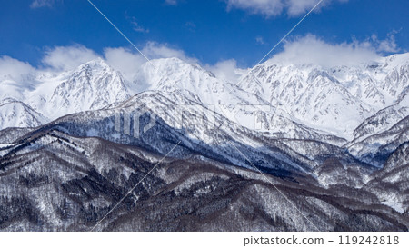 長野縣白馬村晴朗的天空和白雪皚皚的北阿爾卑斯山 長野縣白馬村晴朗的天空和白雪皚皚的北阿爾卑斯山 119242818