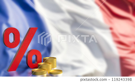 The percent and coins on france flag Background 3d rendering. The percent and coins on france flag Background 3d rendering. 119243398