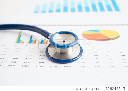Stethoscope and US dollar banknotes on chart or graph paper, Financial, account, statistics and business data  medical health concept. 119244245