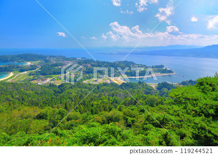 Tohoku, Kesennuma Oshima, view from Kameyama Observatory, Kesennuma Oshima Welcome Terminal and Tanakahama Beach, Kesennuma City, Miyagi Prefecture (1) 119244521