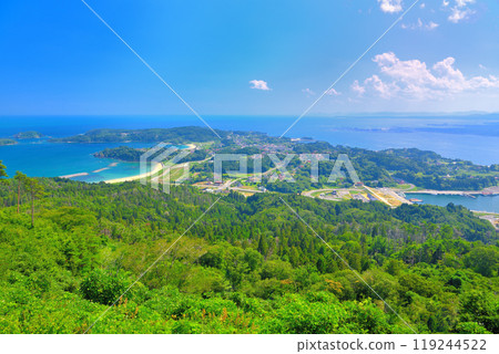Tohoku, Kesennuma Oshima, view from Kameyama Observatory, Kesennuma Oshima Welcome Terminal and Tanakahama Beach, Kesennuma City, Miyagi Prefecture (2) Tohoku, Kesennuma Oshima, view from Kameyama Observatory, Kesennuma Oshima Welcome Terminal and Tanakahama Beach, Kesennuma City, Miyagi Prefecture (2) 119244522