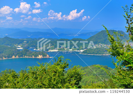 Tohoku, Kesennuma Oshima, view from Kameyama Observatory, Karakuwa Peninsula and aquaculture ponds, Kesennuma City, Miyagi Prefecture 119244530