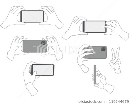 Illustration material of a hand operating a smartphone camera, monochrome type set Illustration material of a hand operating a smartphone camera, monochrome type set 119244679
