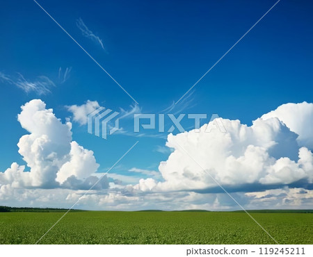 AI image: A summer meadow with a beautiful blue sky and cumulonimbus clouds 119245211