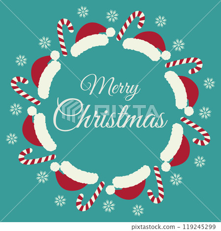Merry Christmas Hand drawn lettering in round frame of Santa caps, snowflakes and striped Candy Cane 119245299