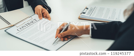 Two business executive discuss term and company merging agreement. Shrewd 119245377