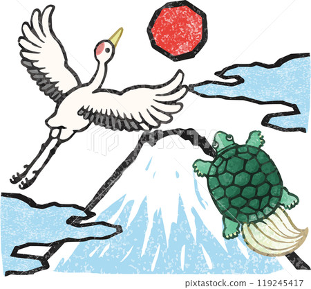 鶴龜富士山初日出版畫日本畫水墨水彩手繪插畫素材 119245417
