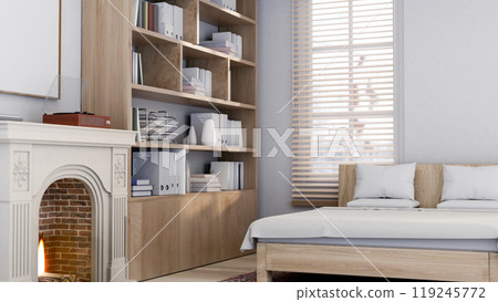 The interior design of a Scandinavian minimalist bedroom featuring a comfortable wooden bed. 119245772
