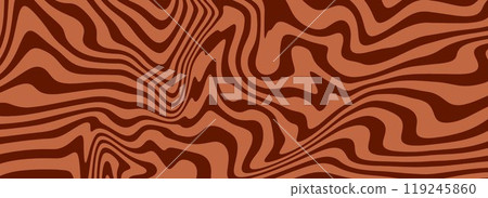 Retro coffee color background. Nice milk chocolate liquid dessert texture. Wavy swirl candy pattern for poster, cover, banner. Vintage brown trippy hippie wallpaper in 60s or 70s style. Vector 119245860
