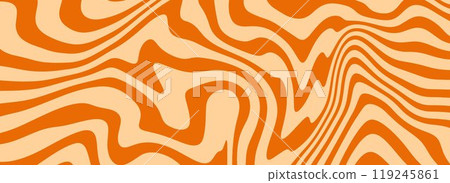 Retro caramel liquid texture. Tasty salted caramel dessert background. Wavy swirl candy pattern for poster, cover, banner, pamphlet, flyer. Nice nougat hippie wallpaper in 60s or 70s style. Vector 119245861