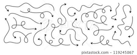 Comic dotted thin arrow set. Wavy and curved dashed pointer collection. Squiggle sketchy direction lines. Dots squiggle loop stripe design elements bundle for flyer, poster, brochure, banner. Vector 119245867