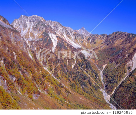 A panoramic view of the autumn foliage of Mount Kitahotaka and Mount Yari from the panoramic course from Karasawa to Tokusawa A panoramic view of the autumn foliage of Mount Kitahotaka and Mount Yari from the panoramic course from Karasawa to Tokusawa 119245955