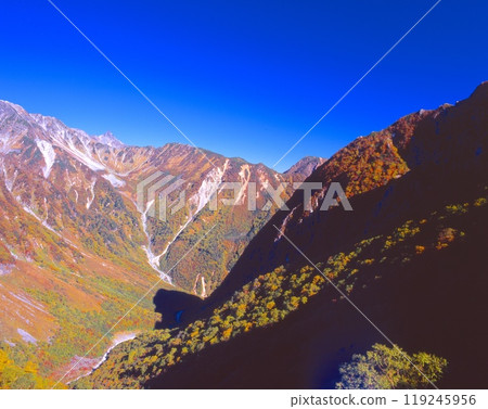 A view of the autumn foliage of Mount Yari from the panoramic course from Karasawa to Tokusawa / Anuno, Matsumoto City, Nagano Prefecture 119245956