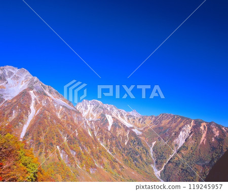 A panoramic view of the autumn foliage of Mount Kitahotaka and Mount Yari from the panoramic course from Karasawa to Tokusawa 119245957