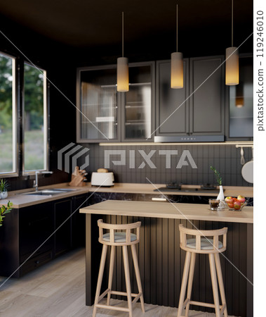 The interior design of a luxurious sleek black kitchen featuring a black kitchen island and stools. 119246010