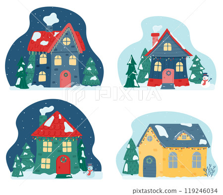 Cute Christmas and winter houses. Set of decorative houses on the background of the sky, falling snow, fir trees. Vector illustration in a flat style. Cute Christmas and winter houses. Set of decorative houses on the background of the sky, falling snow, fir trees. Vector illustration in a flat style. 119246034