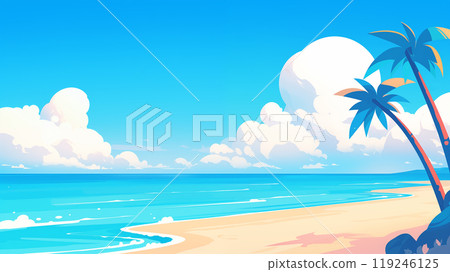 手绘卡通大海沙滩蓝天白云插画背景 119246125