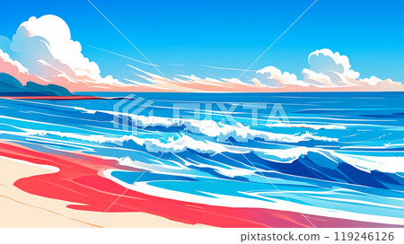 手绘卡通大海沙滩蓝天白云插画背景 手绘卡通大海沙滩蓝天白云插画背景 119246126