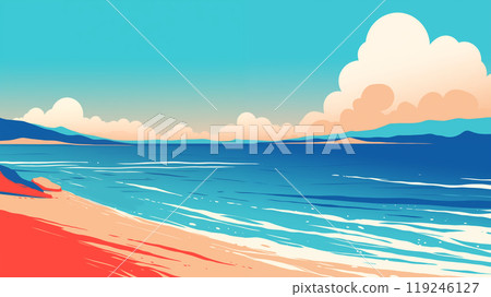 手绘卡通大海沙滩蓝天白云插画背景 119246127