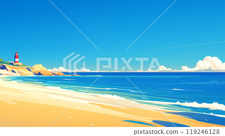 手绘卡通大海沙滩蓝天白云插画背景 手绘卡通大海沙滩蓝天白云插画背景 119246128