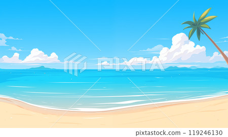 手绘卡通大海沙滩蓝天白云插画背景 手绘卡通大海沙滩蓝天白云插画背景 119246130