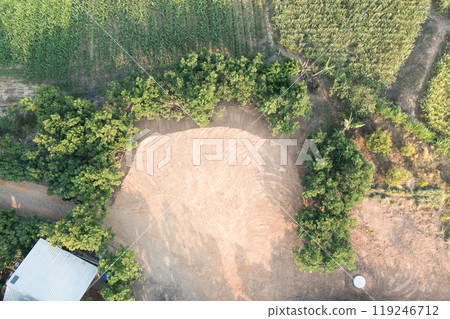 Land and soil backfill in aerial view in in Nan province of Thailand. 119246712