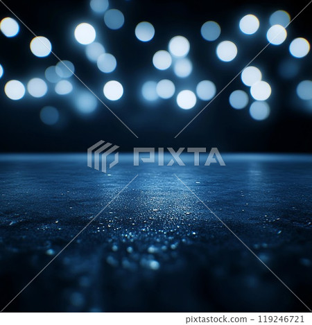 喜慶的方形模板,帶有銀色圓形散景燈和深藍色背景的地板。 AI生成影像 喜慶的方形模板,帶有銀色圓形散景燈和深藍色背景的地板。 AI生成影像 119246721