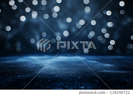 節日模板與銀色圓形散景燈和地板在深藍色背景。 AI生成影像 119246722