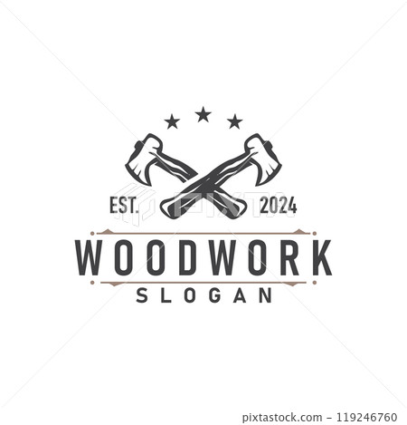 carpenter wood logo design silhouette vintage woodwork tools axe and wood simple illustration template 119246760