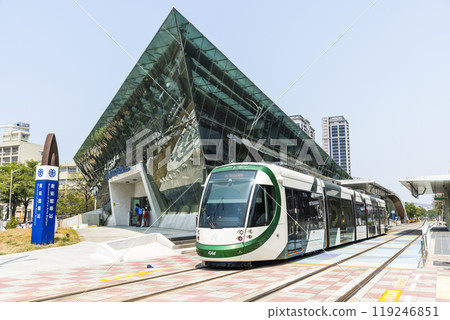 View of the circular light rail train driving past the TRA Museum of Fine Arts station in Kaohsiung, Taiwan. View of the circular light rail train driving past the TRA Museum of Fine Arts station in Kaohsiung, Taiwan. 119246851