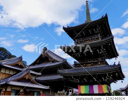 View of the grounds of Mizuma Temple (Mizuma Kannon) with the three-story pagoda and main hall visible, Mizuma, Kaizuka City, Osaka Prefecture 119246924