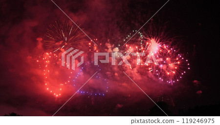 Red Firework celebrate anniversary in night time celebrate national holiday. Happy new year 2024, 4th of july holiday festival. Red firework Countdown to new year 2024 festival party time event Red Firework celebrate anniversary in night time celebrate national holiday. Happy new year 2024, 4th of july holiday festival. Red firework Countdown to new year 2024 festival party time event 119246975