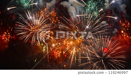 Red firework night background in dusk time celebrate national holiday. Countdown to new year 2024 festival party time event. Red Firework anniversary happy new year 2024, 4th of july holiday festival Red firework night background in dusk time celebrate national holiday. Countdown to new year 2024 festival party time event. Red Firework anniversary happy new year 2024, 4th of july holiday festival 119246997