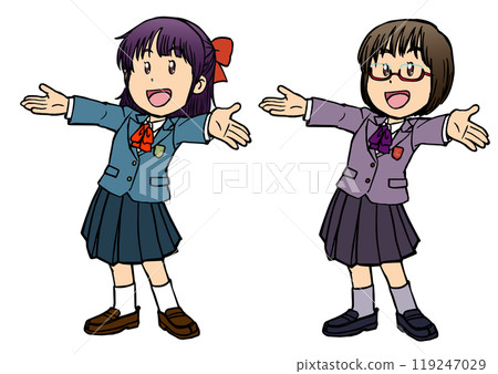 Smiling girl in school uniform spreading her arms 7 Smiling girl in school uniform spreading her arms 7 119247029