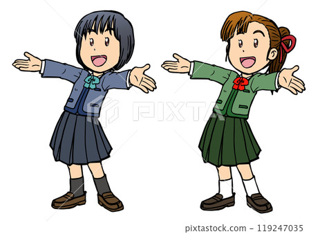 A girl in a school uniform smiling and spreading her arms 2 119247035