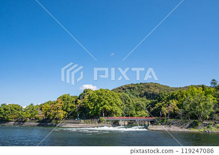 View of Kanryu Bridge from Tonoshima in Uji Park, Uji City, Kyoto Prefecture 119247086