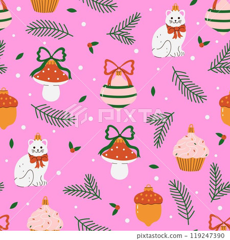 Seamless pattern with Christmas tree toys. Vector graphics. Seamless pattern with Christmas tree toys. Vector graphics. 119247390
