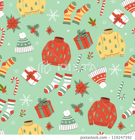 Seamless Christmas pattern with winter clothes, gifts, flowers, candy canes. Vector graphics. Seamless Christmas pattern with winter clothes, gifts, flowers, candy canes. Vector graphics. 119247392