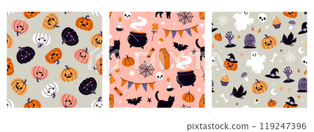 Set of seamless patterns with Halloween items. Vector graphics. 119247396