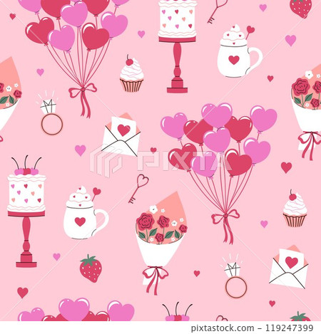 Valentine s day seamless pattern with different items. Vector graphics. 119247399