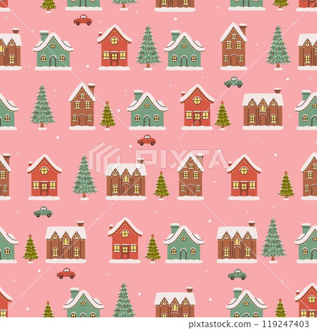 Christmas seamless pattern with winter houses and fir trees on a pink background. Vector graphics. 119247403