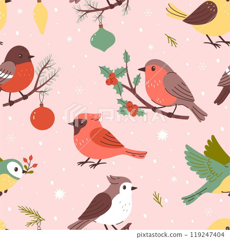 Seamless pattern with winter Christmas birds. Vector graphics. Seamless pattern with winter Christmas birds. Vector graphics. 119247404