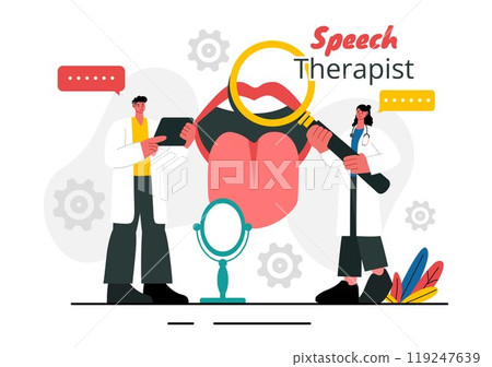 Speech Therapy Vector Illustration featuring a Therapist Teaching Basic Language Skills and Addressing Articulation Problems in an Educational 119247639