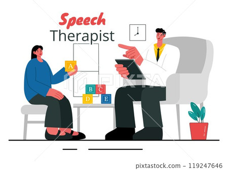 Speech Therapy Vector Illustration featuring a Therapist Teaching Basic Language Skills and Addressing Articulation Problems in an Educational 119247646