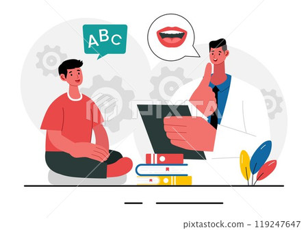 Speech Therapy Vector Illustration featuring a Therapist Teaching Basic Language Skills and Addressing Articulation Problems in an Educational 119247647