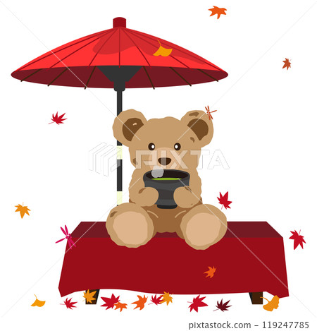 Vector illustration of a teddy bear drinking matcha tea at a teahouse during the autumn foliage season Vector illustration of a teddy bear drinking matcha tea at a teahouse during the autumn foliage season 119247785